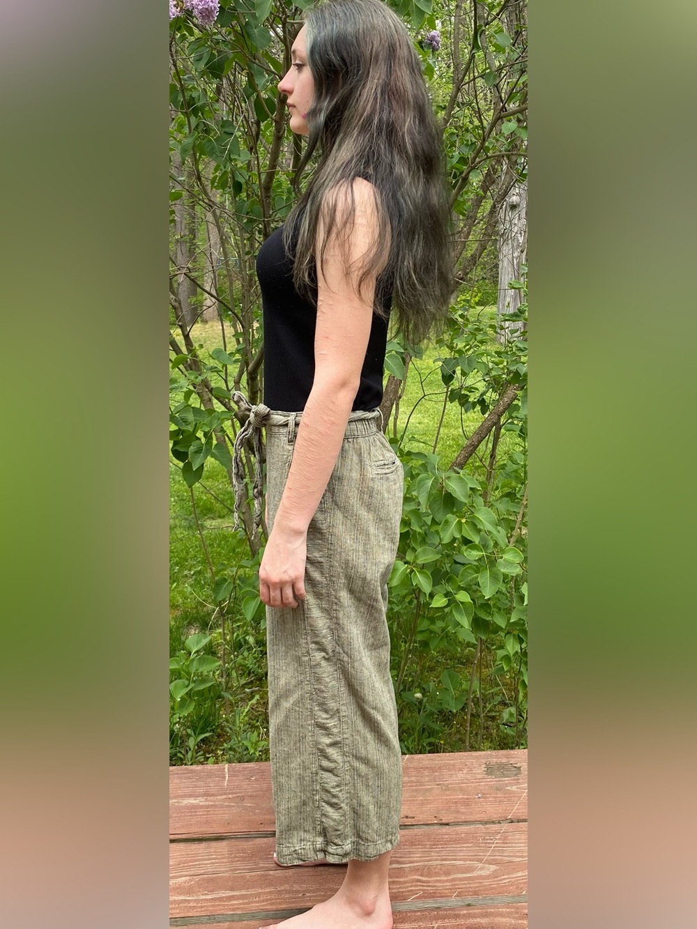 Anthropologie Capris. Olive With Black Pinstripe Wide Leg Linen Blend Size XS - Picture 2 of 15